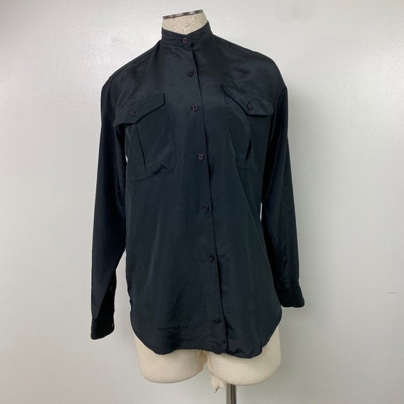 Vintage 80s Kenar Medium Black Button Down Blouse 100% Polyester - Picture 1 of 5